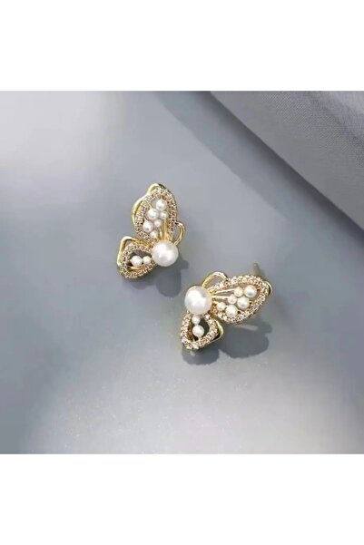 Glamluxe Gold Color Sparkling Zircon Stone Pearl Detailed Butterfly Design St...