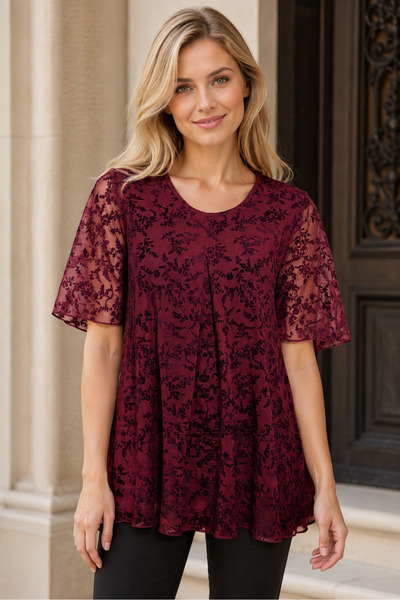 IŞILTI Women's Round Neck Short Sleeve Tulle Sleeve Flock Printed Floral Patt...