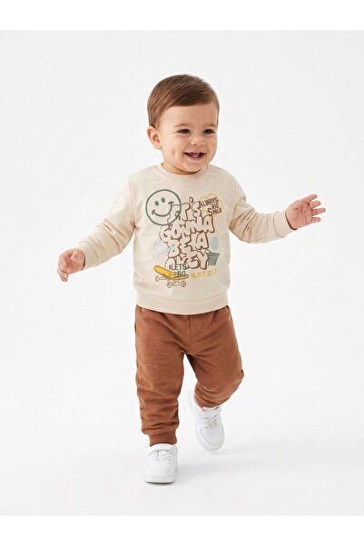 Kids Kingdom Pamuklu Bisiklet Yaka Erkek Bebek 2li Takım Kahverengi