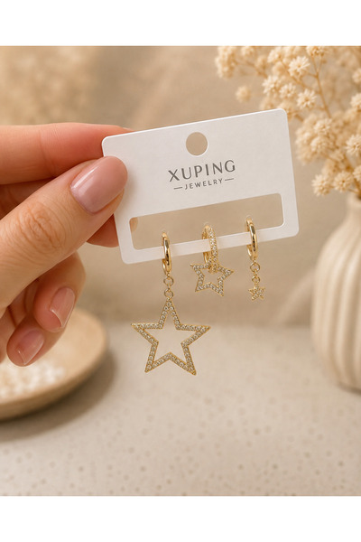 ATELİER GİZEM Xuping kararmaz gold çelik 14k gold yıldızlı üçlü küpe