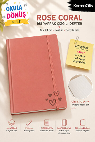KarmaOfis Rose Coral – Coral Pink / Heart Patterned |   168 Sheets Lined Elas...