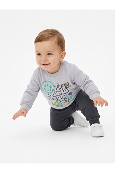 Kids Kingdom Pamuklu Bisiklet Yaka Erkek Bebek 2li Takım gri