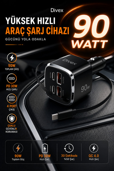 Divex 90W Hızlı Araç Şarj Cihazı – 4 Portlu, 2× USB-C PD 30W + 2× USB-A, Ente...