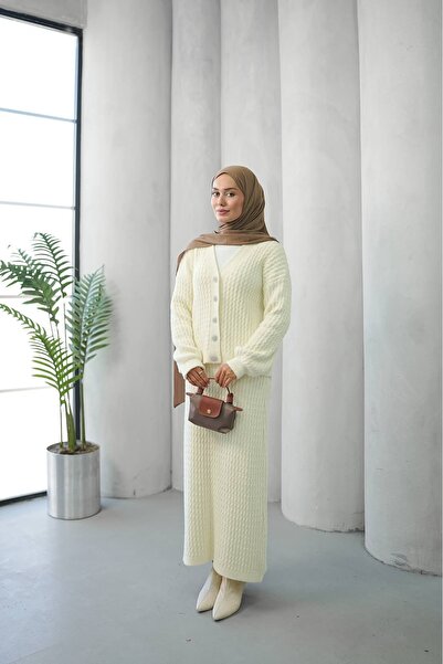 ankanoor Button Detailed Felt Knitwear Cardigan Skirt Set Anka261041