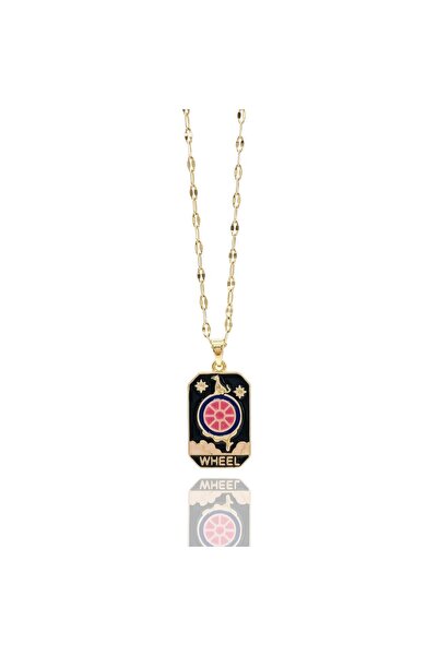 Kadın Gold Wheel Tarot Kart Ucu Kolye Renkli Mineli Kader Çarkı Hediyelik Takı Kolye