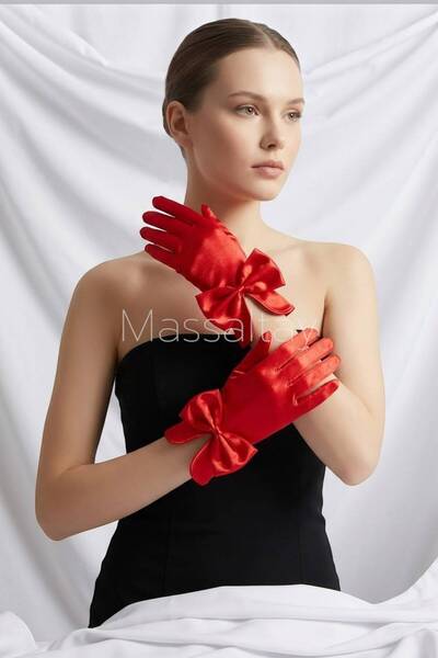 Massaltay Mira Red Satin Bow Bridal Gloves Henna Night Wedding Engagement Wed...