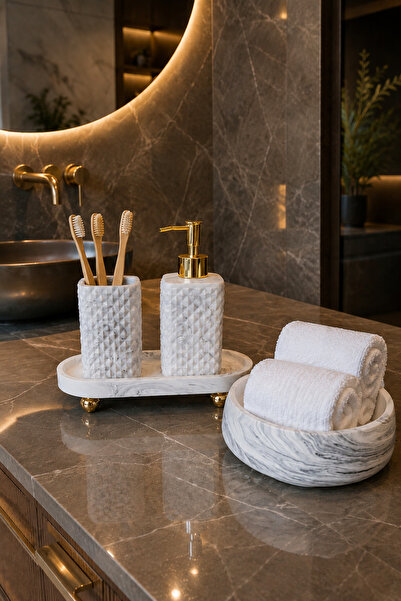 lufen deco Mermer Desenli 4’lü Banyo Seti Diş Fırçalık Sıvı Sabunluk Havluluk...