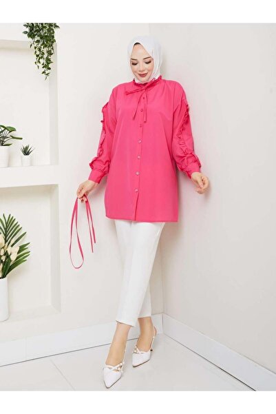 moda periy SEDA KOLU FIRFIRLI TUNİK FUŞYA