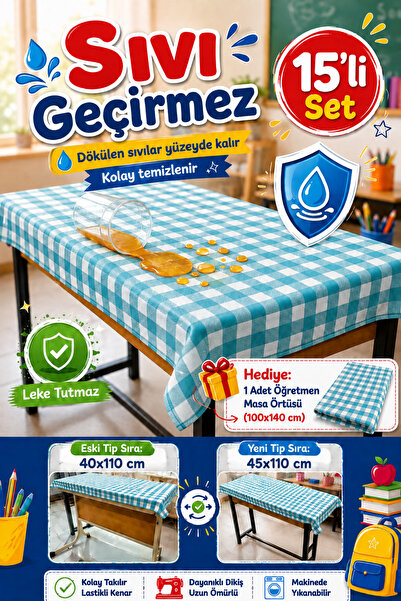 Soft Kare Duck Kumaş Sıra Örtüsü 15’li Set – Ölçü ve Renk Seçenekli, Leke Tutmaz, Sıvı Geçirmez + Öğretmen Masası Örtüsü Hediye