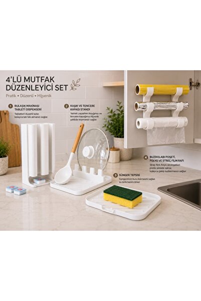 Atelye.store 4’lü Mutfak Düzenleyici Set | Tablet Dispenseri, Süngerlik, Kapa...