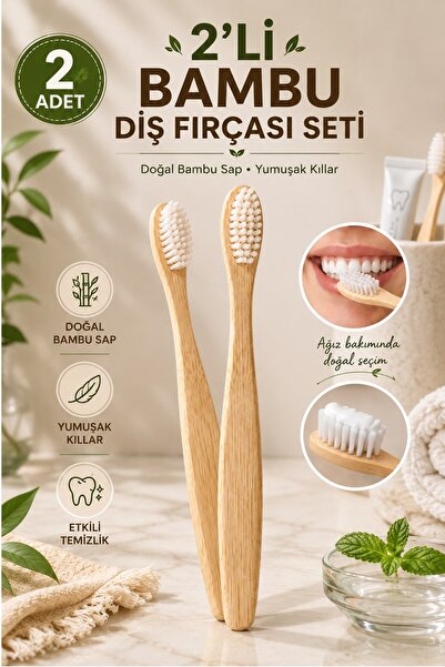 Kitchen Beauty 2 Adet Doğal Bambu Saplı Diş Fırçası Doğal Bambu Hassas Diş Et...