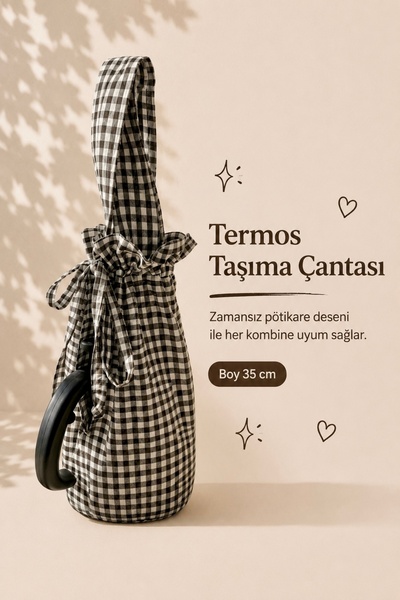 YUVOL Siyah Beyaz Pötikareli El Yapımı Termos Piknik Taşıma Çantası Şık ve Ku...