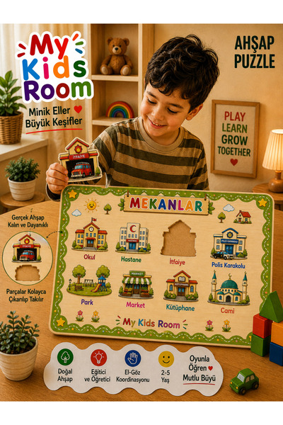 My Kids Room 6-Piece Wooden Puzzle Set Educational Learning Find & Match Puzzle Musical Instruments Numbers Vegetables Dinosaurs Land Vehicles Places