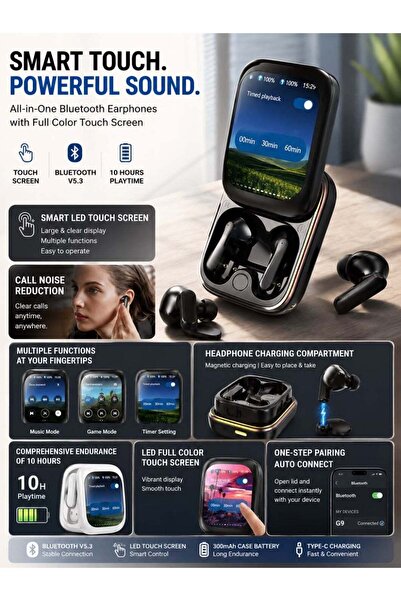 Generic G9 Smart Touch Screen Wireless Earbuds with Full-Color LED Display, B...