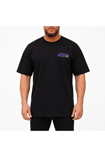 Oversize Erkek T-Shirt Siyah – Ön Ve Sırt Graffiti Baskılı Bisiklet Yaka Kısa Kollu Günlük Tişört
