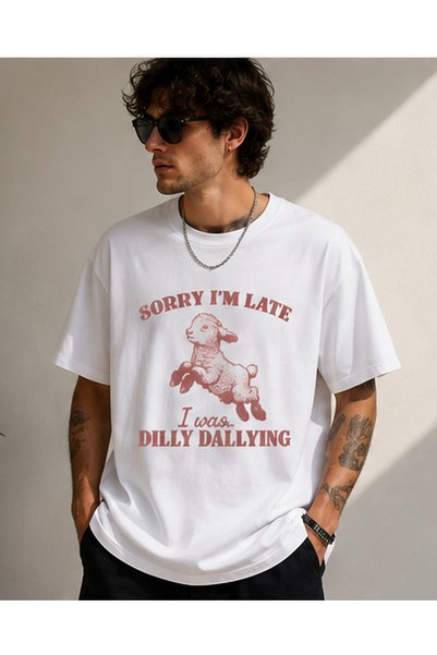 fingerjewerly Unisex Sorry I'M Late Lamb Print Oversize T-Shirt Unisex 80% Cotton Boxy Fit Streetwear T-Shirt Thick Textured