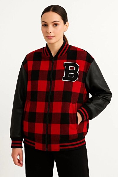 VELİZADE Burgundy Plaid Patterned Winter Cold-Resistant Oversized Bomber Coll...