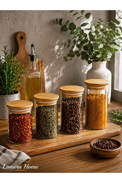 Lomera Home 4-Piece Glass Spice Jar Set – Kitchen Storage Jars with Bamboo Lids