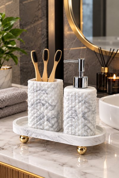 lufen deco Marble Patterned 4-Piece Bathroom Set, Toothbrush Holder, Liquid Soap Dispenser, Towel Holder, Standing Presentation Tray
