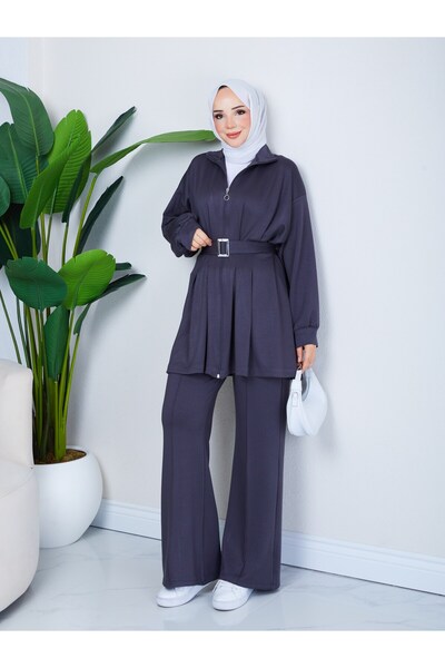 moda periy KEMERLİ FERMUARLI LOYŞO TAKIM FÜME