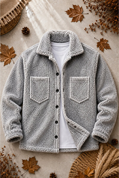 legends butik Unisex Plush Jacket Winter Thick Textured Buttoned Double Pocke...
