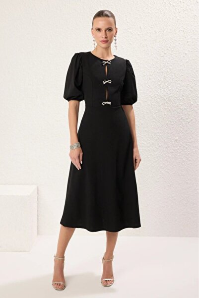 Generic Brand Women's short sleeve drop bow detailed imported crepe midi dress