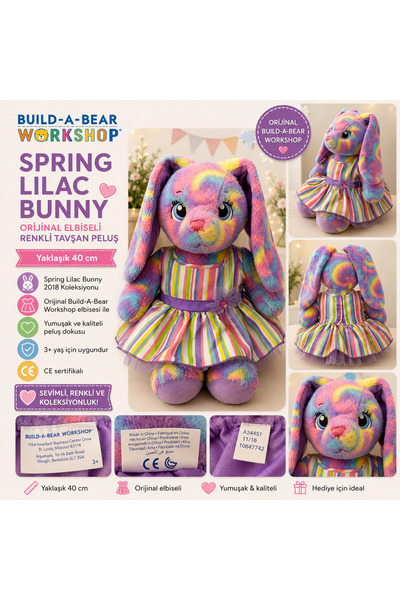 Build-A-Bear Workshop Spring Lilac Bunny Orijinal Elbiseli Renkli Tavşan Pelu...