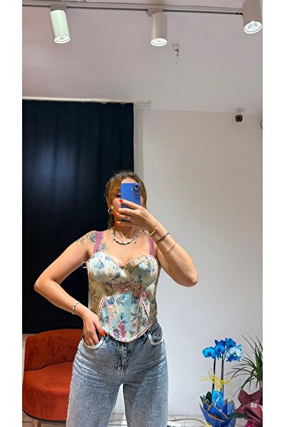 EZGİYLE Vintage Floral Balenli Askılı Korse
