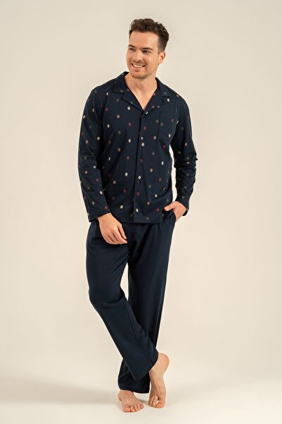 Arnetta Men's Navy Blue Long Sleeve Patterned Shirt Pajama Set (with Socks as...