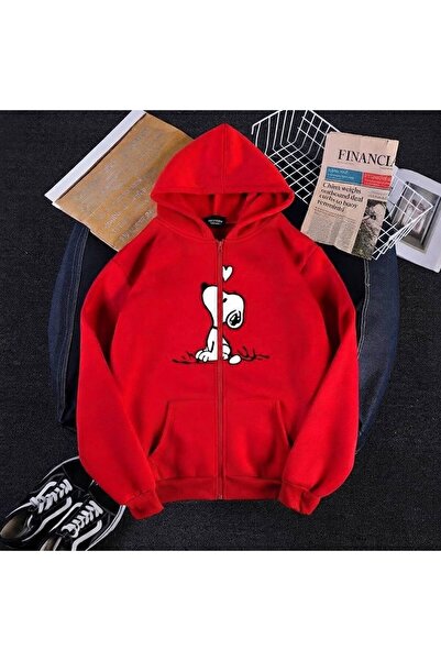 Kırmızı Snoopy Baskılı Fermuarlı Kapşonlu Sweatshirt