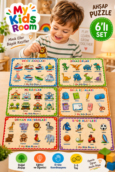 My Kids Room 6'lı Ahşap Puzzle Seti Eğitici Öğretici Bul Tak Yapboz Deniz Ara...