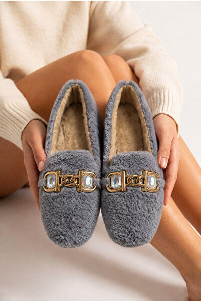 StWenn Women's Plush House Slippers with Gold Chain and Stone Accessories, Wi...