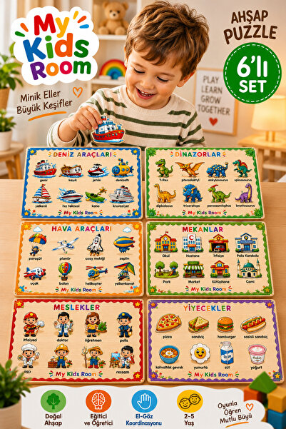 My Kids Room 6'lı Ahşap Puzzle Seti Eğitici Öğretici Bul Tak Yapboz Deniz Ara...