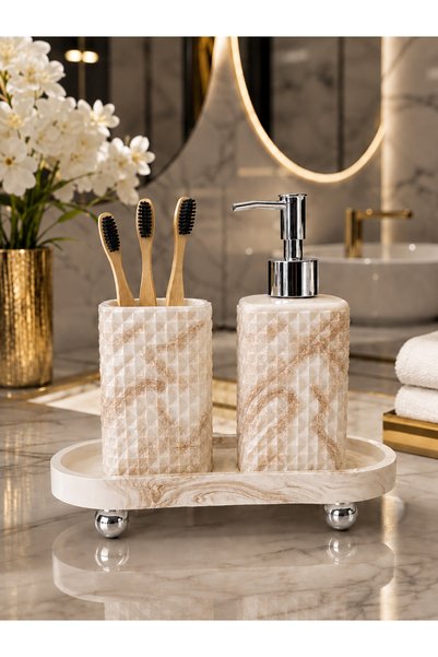 lufen deco Marble Patterned Brown Concrete 3 Piece Bathroom Set Soap Dish Toothbrush Holder Stand Presentation Tray Engagement Wedding