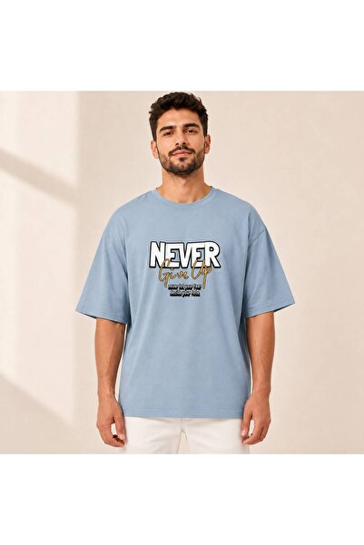 Oversize Erkek T-Shirt Mavi – Ön Ve Sırt Baskılı Bisiklet Yaka Kısa Kollu Günlük Tişört