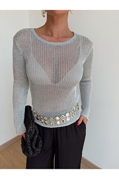 manana fashion Boat Neck Glittery Transparent Knit Sweater