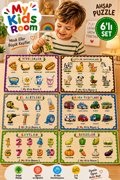 My Kids Room 6'lı Ahşap Puzzle Seti Eğitici Öğretici Bul Tak Yapboz Yiyecekle...