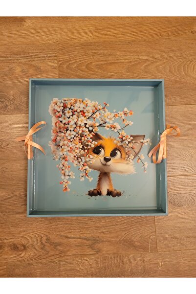 Sevimli Hayvan Desenli Kare Ahşap Sunum Tepsisi Hediyelik El Yapımı 34x34cm