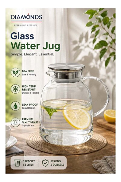 Diamond Select 1.5L Glass Water Jug with Stainless Steel Lid and Filter, Heat...