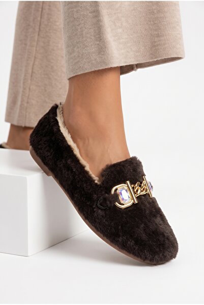 StWenn Women's Plush House Slippers with Gold Chain and Stone Accessories, Wi...