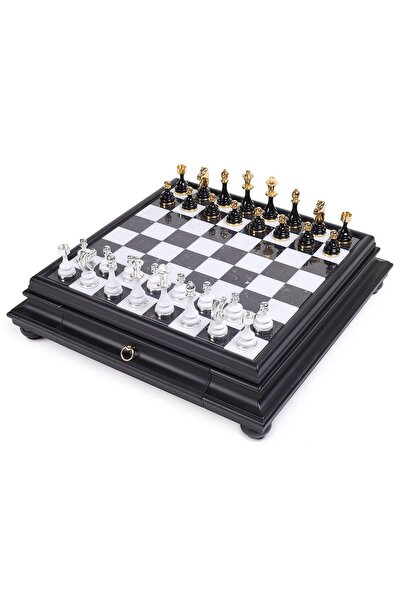 İTALFAMA Set de șah de lux, aur de 24k, argint 925, marmură, lemn, lucrat manual
