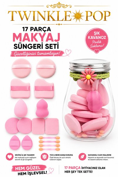 Twinkle Pop 17 Parça Makyaj Süngeri Seti Pembe – Kavanozlu