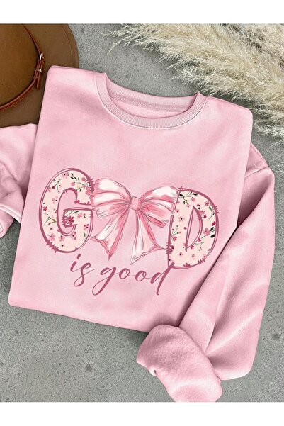 Mythologie Kurdele God Is Good Winter Sweatshirt - Pink Printed Oversized Cre...