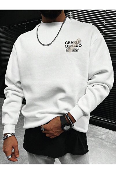 Mythologie Charlie Luciano Thick Winter Sweatshirt - White Printed Oversized ...