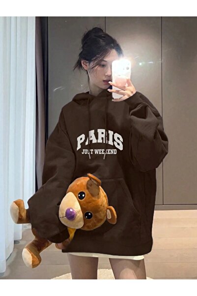 Mythologie Paris Weekend Thick Winter Sweatshirt - Brown Printed Oversized Ho...