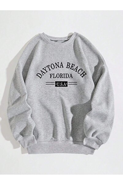 Mythologie Daytona Beach Thick Winter Sweatshirt - Gray Printed Oversized Cre...