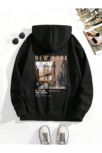 Mythologie New York Nyc Thick Winter Sweatshirt - Black Printed Oversized Hoodie