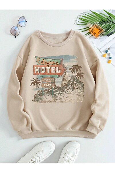 Mythologie California Hotel Sweatshirt - Beige Printed Oversize Crew Neck