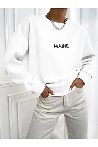 Mythologie Maine Winter Thick Sweatshirt - White Printed Oversized Crew Neck