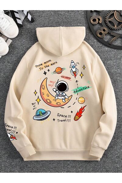 Mythologie Space Travel Thick Winter Sweatshirt - Beige Printed Oversize Ribb...